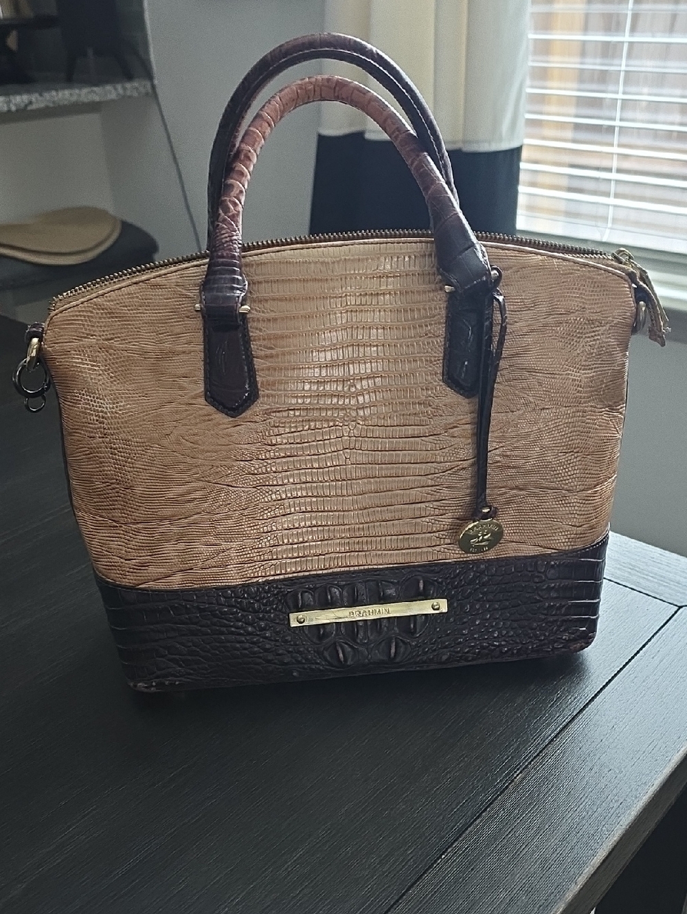 Brahmin Two-Tone Brown Croc-Embossed Satchel Handbag